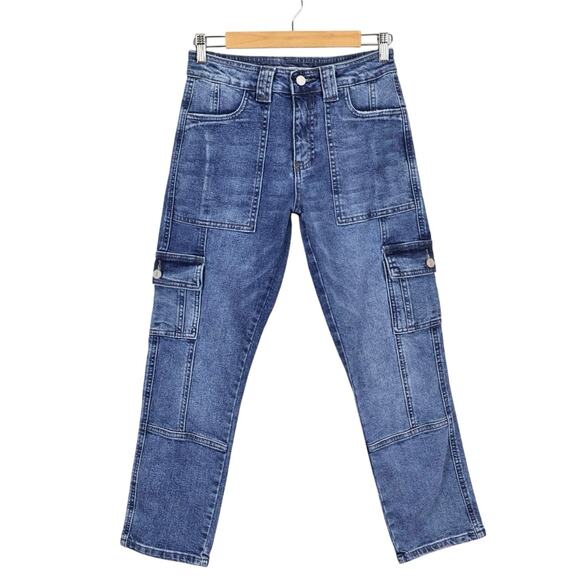 Kancan Avery Straight Leg Patch Pocket Cargo Jeans Medium Dark Wash Size 24 - Picture 1 of 8